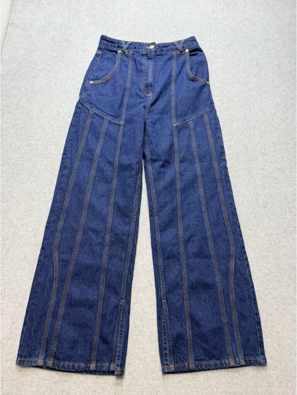 FARM Rio Denim Womens Wide Leg Jeans Size 27 Dark Blue Front Seam Slit Hem